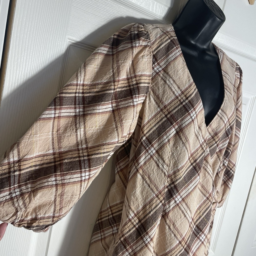 Inc International Concepts Dress Women 10 Brown Plaid Linen Blend Faux Wrap Boho - Picture 3 of 14
